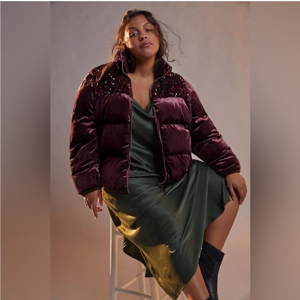 Maeve by Anthropologie Vera Sequined Velvet Puffer Jacket Coat 1X Burgundy Wine